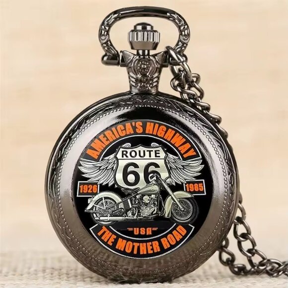 Steampunk Pocket Watch Motorcycle RT 66 Biker Chain Quartz Analog Gift NWT Black - Picture 1 of 6